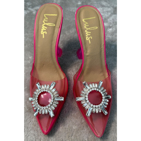 Lulus Rhinestone Pink Translucent PVC Mules Martini Shaped Heels Womens Size 8 - Picture 1 of 6